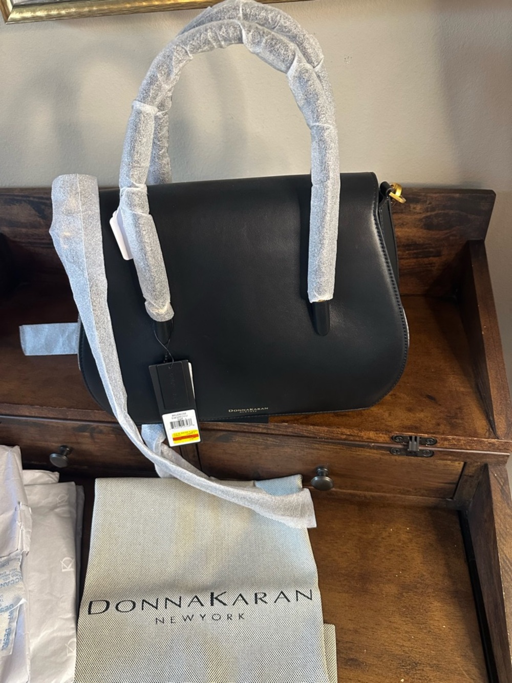 Donna Karan NWT Black BelleRose Leather Flap Satchel Crossbody Bag - Picture 6 of 11